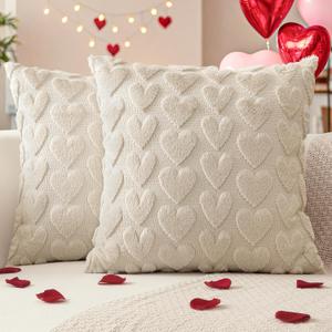 OTOSTAR Valentines Throw Pillow Covers Set of 2 Love Heart Cushion Covers for Sofa 18x18 Inch Square Romantic Soft Plush Short Wool Velvet Pillowcase Holiday Festivals Decor Cream Beige