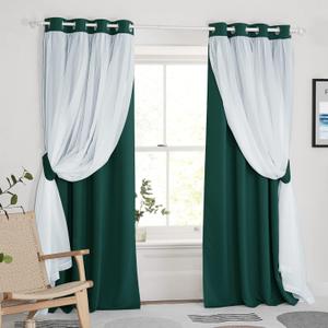 PONY DANCE Blackout Curtains 84 inches Long - Curtains for Living Room Double Layer Drapes White Sheer Overlay Light Block Room Decor, 52 by 84 inches, Hunter Green, 2 PCs