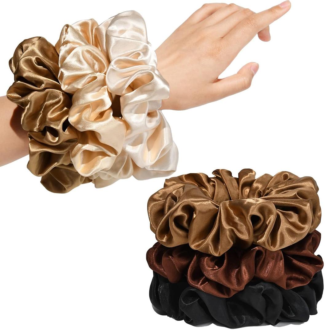 Large Silk Satin Scrunchies for Women Big Scrunchies Jumbo Satin Hair Ties Oversized Hair Scrunchies for Thick Curly Hair Pack of 6 (Black,Champagne,Brown,Gold)