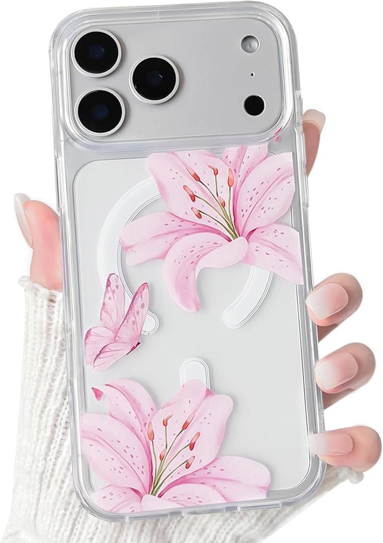 NITITOP Compatible for iPhone 17 Pro Case Clear Magnetic Compatible with MagSafe Cute Lily Flowers Floral for Women Girls Hard PC Back Shockproof Protective Phone Cover - Pink