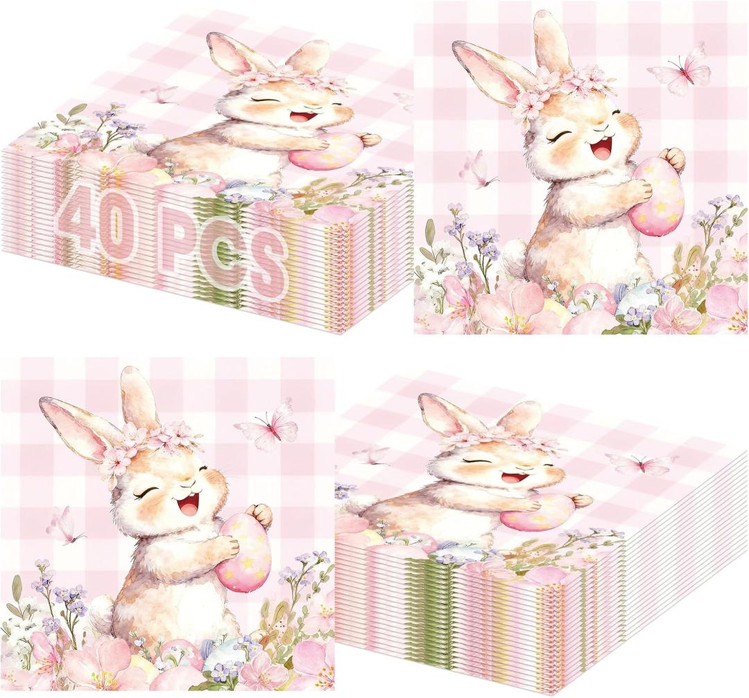 2 x 40 Pcs Easter Napkins Paper with Pink Buffalo Plaid Cute Bunny and Easter Eggs, Disposable Spring Party Paper Dinner Cocktail Square Napkin Set for Easters Party Decor Supplies Table Decorations Favor