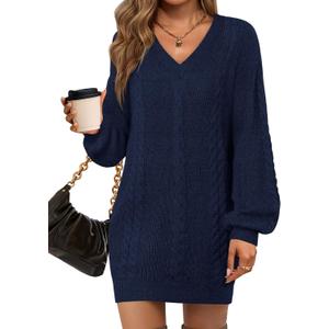Saodimallsu Womens Oversized Mini Sweater Dress Casual V Neck Cable Knit Long Lantern Sleeve Fall Tunic Pullover Sweaters, Medium