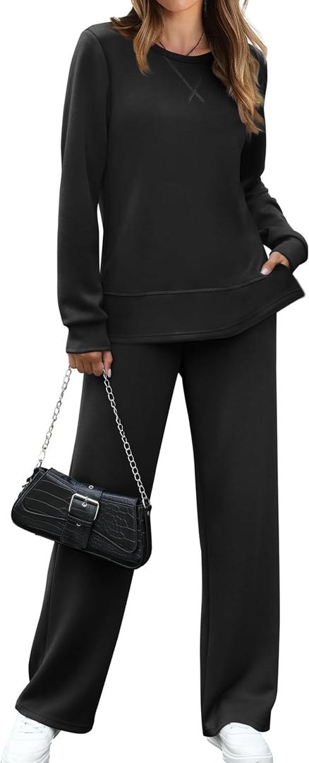 OFEEFAN Women's 2 Piece Lounge Set Travel Airport Outfits Side Slit Tracksuit Wide Leg Loungewear Baggy Comfy Sweatsuit S-3XL, Black