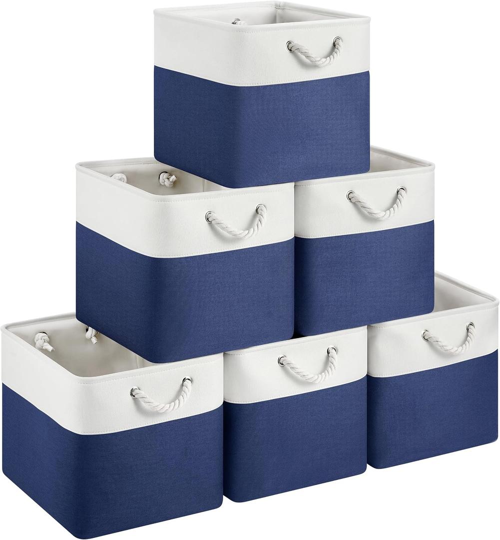 13x15x13 Storage Cube Bins, Heavy Duty Foldable Fabric Storage Bins with Handles and Metal Frame, 6 Pack Large Closet Organizer Bins for Clothes, Socks, Towels, White Blue