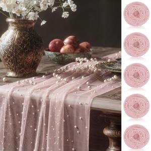 CrystalSylara Light Pink 10 Pcs Pearl Gauze Table Runner 120 Inch 10ft Pearl Sheer Tulle Table Cloth Centerpieces for Home Wedding Birthday Bridal Baby Shower Party Favor Holiday Dining Decorations