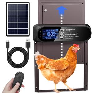 Automatic Chicken Coop Door Solar Powered, LCD Screen Electric Auto Chicken Coop Door with Timer & Light Sensor, Aluminum Rechargeable Automatic Chicken Door Opener with Remote Control & 4 Modes (Brown)