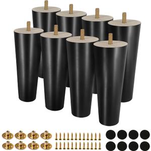 FoDau770 Black Rubber Wood Furniture Legs 6 Inches, Straight Tapered Wood Feet Mid Century Sofa Legs Set of 8, 5/16" UNC Furniture Feet for Cabinet Couch Dresser Chair Ottoman Table