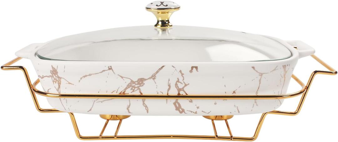 12" x 8" Ceramic Casserole Dish with Glass Lid and rack, 1.6 Quart Serving Soup Tureen,Chafing Dish for Buffet, Family Food preserve Tray, Catering Casserole for Party Style