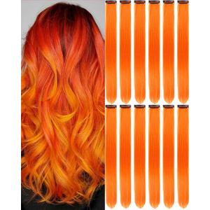 12 PCS Orange Hair Extensions Clip in, 22 Inch Colored Party Synthetic Neon Highlights Extensions, Rainbow Hair Accessories for Women Hair Pieces (Orange)