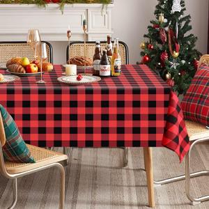 Softalker Christmas Gingham Checkered Rectangle Tablecloth - Buffalo Plaid Farmhouse Table Cloth Waterproof Stain Resistant Table Cover for Kitchen/Party/Holiday - Black and Red, 60 x 120 Inch