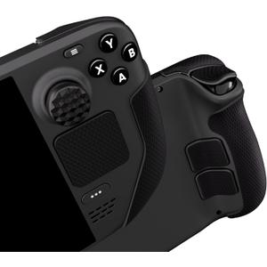 PlayVital Professional Textured Soft Rubber Pads Handle Grips for Steam Deck LCD & OLED, Trackpads Skin Grip Enhancement Back Button Protective Stickers Set with Thumb Caps - Honeycomb Textured Black