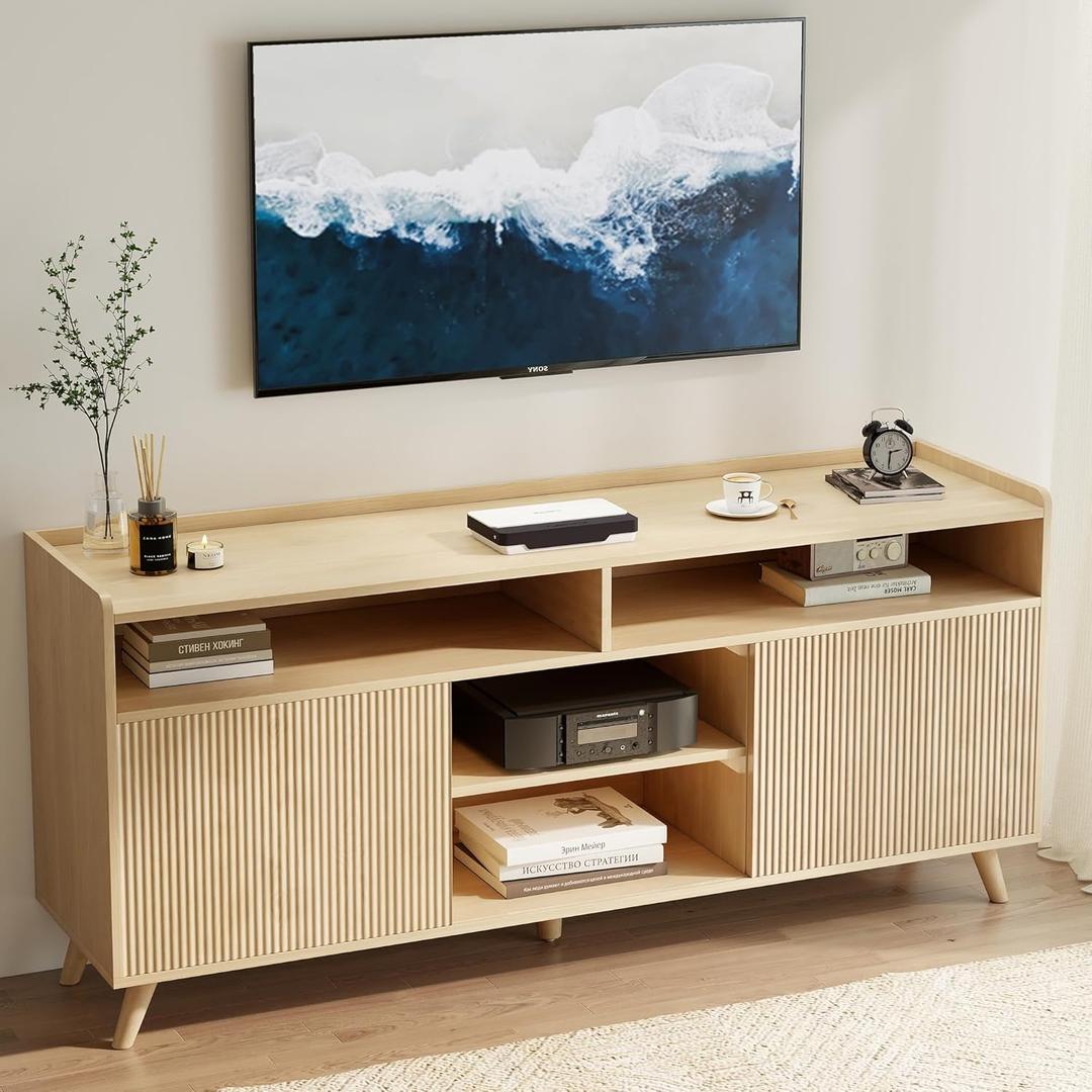 55'' TV Stand for 65 Inch, Fluted Modern TV Stands for Living Room with Sliding Doors and Adjustable Shelf, Entertainment Center with Storage Media TV Console Table for Bedroom (Natural Oak)