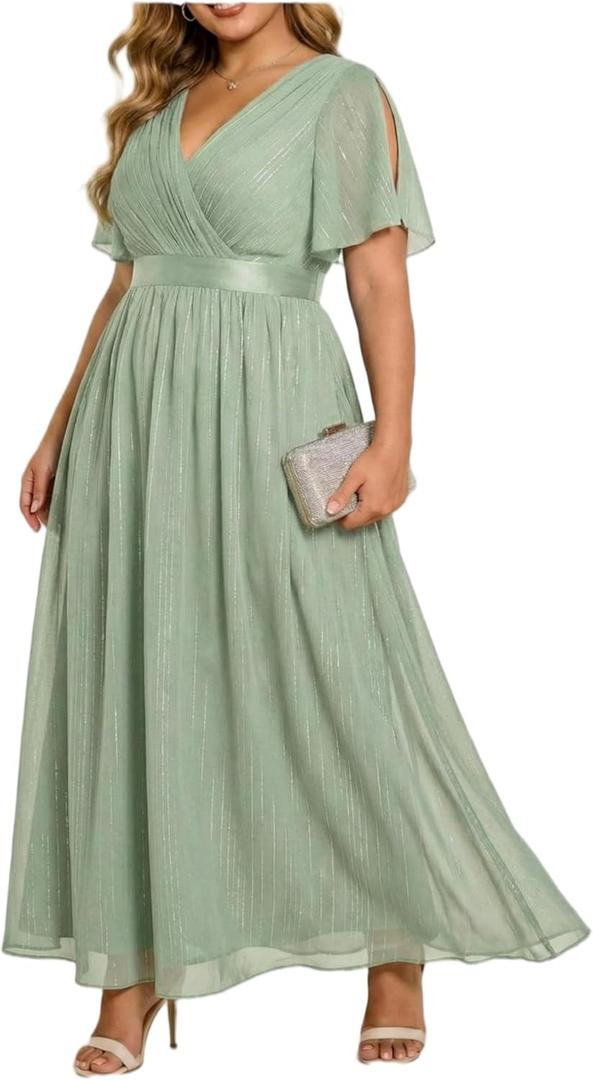 Talisea Plus Size Formal Dress - Chiffon V Neck Bridesmaid Wedding Guest Party Short Sleeve A-Line Floor Length Dresses, 18W