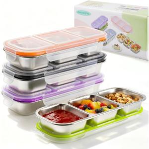 4 Pack Stainless Steel Snack Containers with Lids, 3-Compartments Reusable Lunch Box for Adults, Food Storage Containers Divided Meal Prep Box for Home, Work, Travel