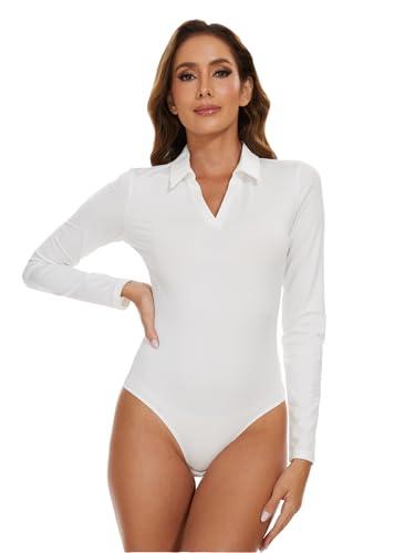 SHAPERIN Long Sleeve Bodysuit for Women V Neck Stretch Casual Collared Jumpsuit Leotard Top White 2XL