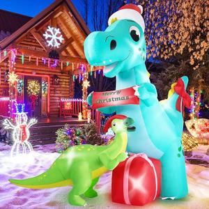 8FT Dinosaur Christmas Inflatables Outdoor Decorations, Light Up Inflatable Christmas Blow Up Yard Decorations, Giant T-rex & Parasaurolophus Xmas Holiday Decorations for Yard Lawn Garden Patio