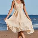 AlvaQ Women Summer Dresses Sleeveless Smocked Midi Dress High Waist Casual Tiered A Line Sundress with Pockets (Beige, L)