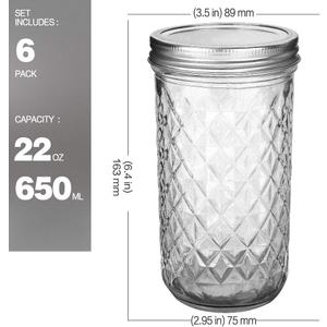 VERONES Wide Mouth Mason Jars 22 oz, 22 OZ Mason Jars Canning Jars Jelly Jars With Wide Mouth Lids, Ideal for Jam, Honey, Wedding Favors, Shower Favors, 6 PACK,EXTRA 6 Lids with Straw Hole