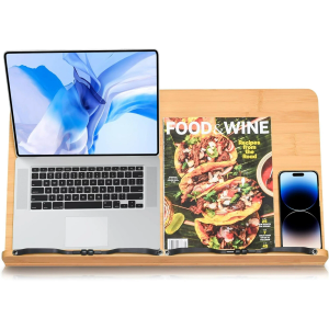 wishacc 24" Oversized Large Bamboo Book Stand & Holder for Reading Hands Free for Large Books in Bed,Cookbook,Textbook,Law,with 8 Adjustable Height Laptop Stand