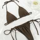 MIYOUJ Women Halter String Bikini Set Sexy Thong Cheeky Two Piece Swimsuits Solid Color Bathing Swimwear (Brown, S)