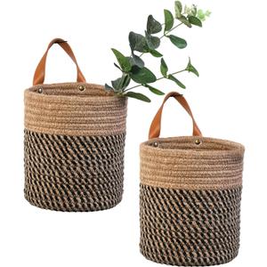 2pack Small Hanging Baskets-Cotton Rope Wall Basket with Handle, Hanging Storage Basket, Shelf Baskets Storage Bin Closet Organizer - 6.3" x 7", Woven Plant Basket (Jute-black)