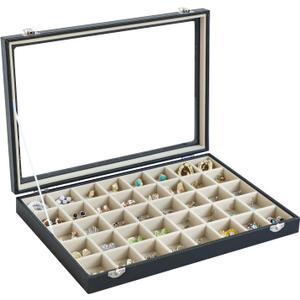 Stratalife Jewelry Organizer 40 Grid Beige Black Jewelry Tray with Clear Dust-proof Lid Velvet Earring Organizer Necklace Rings Holder Display Drawer Storage Case for Women