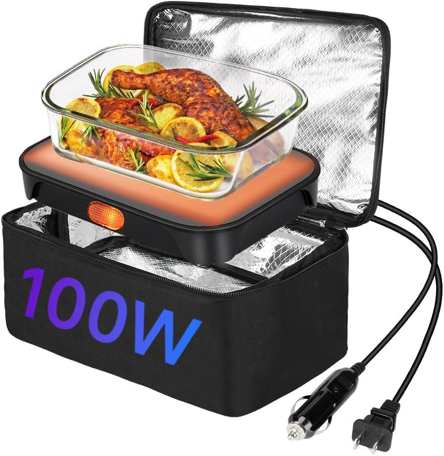 Protable Oven Food Warmer 100W, 12V/24V/110V Electric Lunch Box for Adults, Personal Microwave for Heating and Cooking Meals on Office/Travel/Car/Truck/Hotel/Home/Workplace (Regular Model - Black)