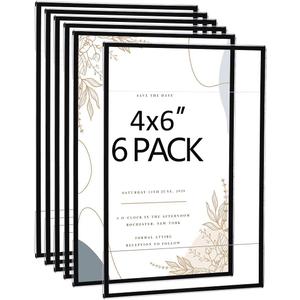 Acrylic Picture Frames 4x6 Set of 6,Black Photo Frames Collage Wall Decor,No Drilling 4x6 Floating Hanging Picture Frames for Home, School, Office - Black Color