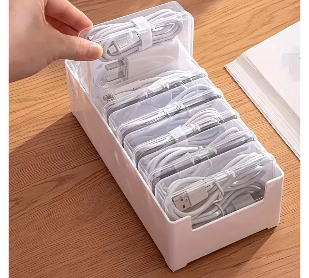 LJRHYEH Cable Organizer Storage Box with 7 Wire Ties,Desktop Cable Management Box with Switch, Power Cord Organizer for Office,Home,Desk Accessories Storage Stationery Supplies（Clear）