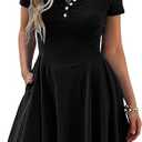 Women Summer Square Neck Mini Dresses Button Down Drop Waist T Shirt Dress Short Swing Sundress with Pockets
