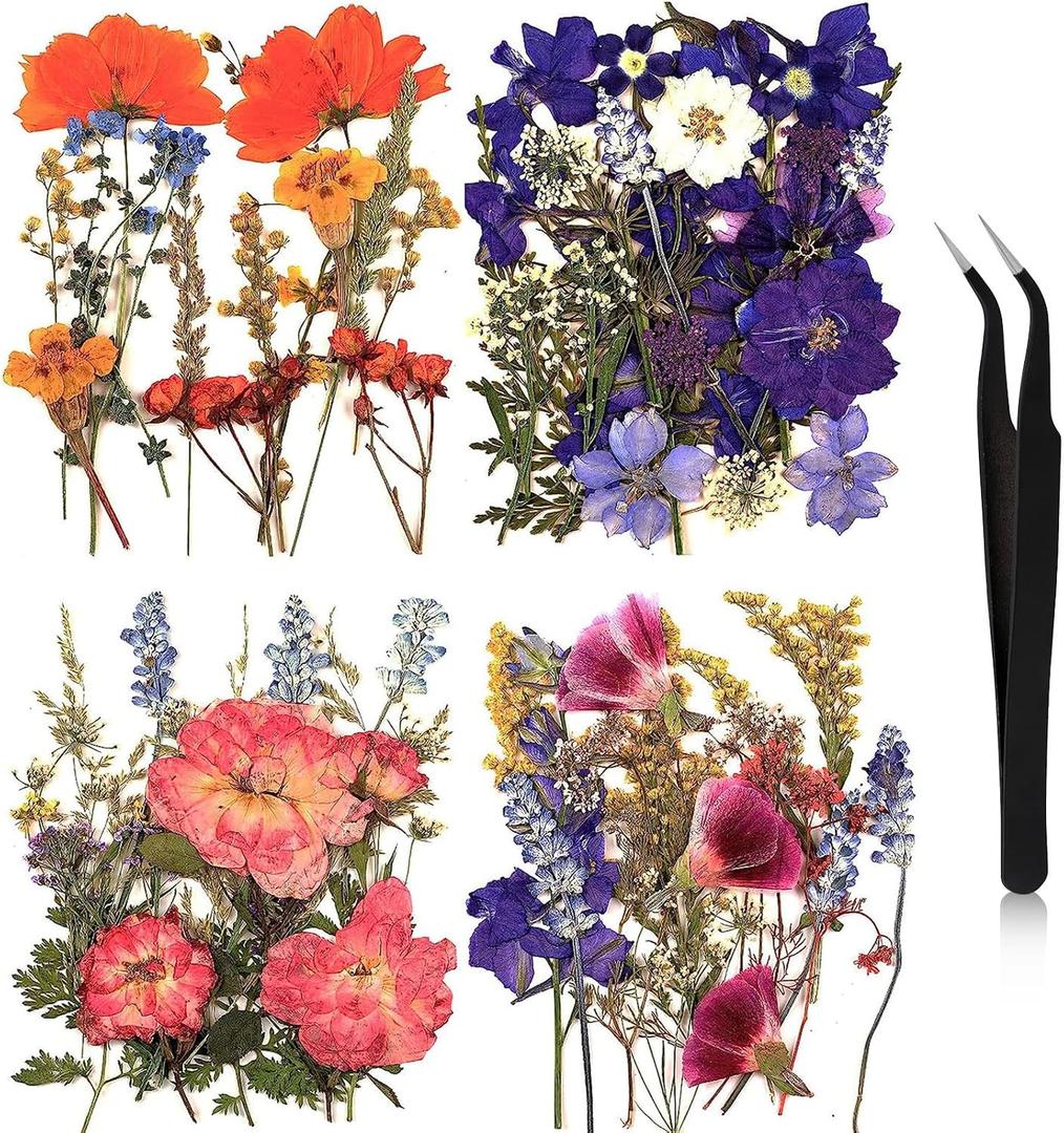 Nuanchu Dried Flower for Crafts Resin Pressed Flowers Bulk Dried Wildflowers Leave Natural with Tweezer for Resin Mold Scrapbooking Nail Soap Candle Making Cake Decorating DIY Christmas Craft Supplies