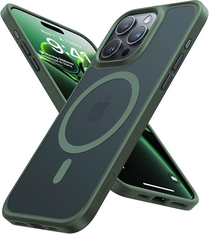 TORRAS Magnetic Shockproof for iPhone 15 Pro Case, [MilitaryGrade Drop Tested][Compatible with MagSafe] Translucent Hard PC Back with Silicone Slim Protective Cover AntiFingerprint, Green