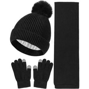 Wandx Kids Winter Hat Gloves Scarf Set Children Pompom Knit Beanie Warm Gloves with Thick Fleece for Boys Girls Ages 4-12 (Black)