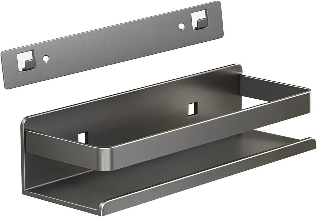 Stainless Steel Wall Mounted Floating Shelves, Drill-Free Adhesive or Screw In, Rustproof Bathroom Organizer & Kitchen Spice Storage Rack, Detachable Metal Display Shelf for Living Room, Gray (11.8inches (30cm))