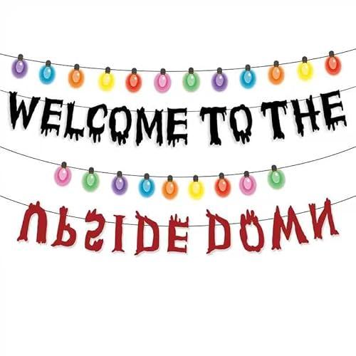 Welcome to the Upside Down Banner, Glitter Themed Party Spooky Halloween Birthday Banner for Themed Gathering Home Room Decoration Supplies