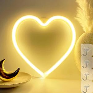 LED Light Neon Sign Room Decor - Yellow Night Light for Valentines Day - Hanging USB/Battery Operated Heart Lights for Window (Warm White)