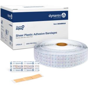 Dynarex Sheer Plastic Adhesive Bandages Water-Resistant and Sterile Non-Stick Pad First Aid Covers Minor Cuts Scratches - 3/8" x 1 1/2" Junior, 1 Roll of 5000