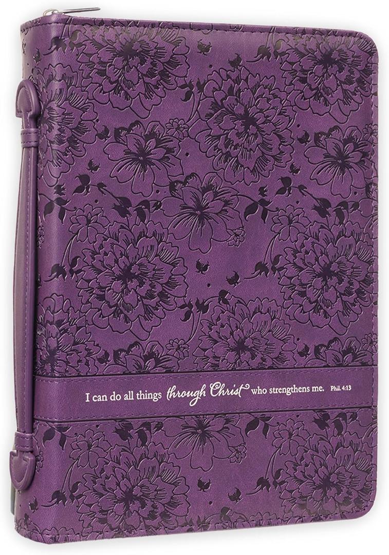 Christian Art Gifts Women's Fashion Bible Cover I Can Do All Things Philippians 4:13, Purple Floral Faux Leather (Large)