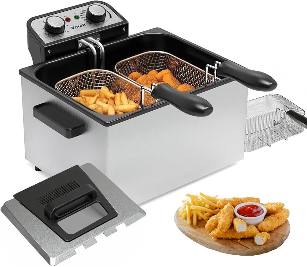 1800W 5 Liters/21 Cups Large Electric Deep Fryer with 3 Frying Baskets, Adjustable Temperature,View Window Lid,Countertop Stainless Steel Body Deep Fryer Pot,Perfect for Kitchen, Fry Fish for Home Use (Silver)