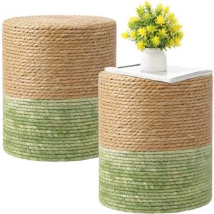Barydat 2 Pcs 15'' Ottoman Pouf Natural Seagrass Braided Poof Hand Weaving Round Ottomans Boho Footrest Stool for Home Living Room Bedroom Patio(Natural and Green), 11.8 x 11.8 x 15 inches