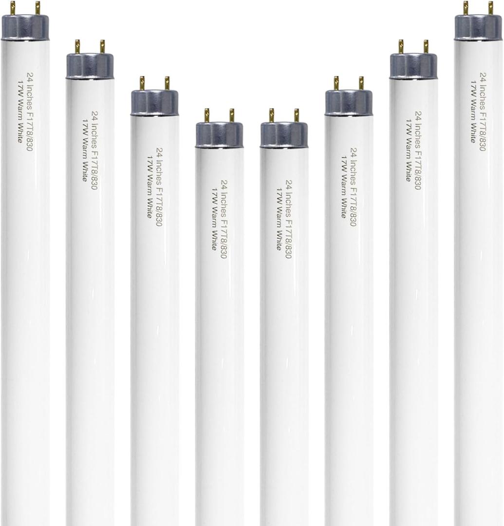 24 inch F17T8/830 17 Watts Light Bulb Warm White, 2 Foot Straight Fluorescent Tube T8 Tube Light F17T8/WW, 1500 Lumen G13 Medium Bi-Pin Cap 8 Pack