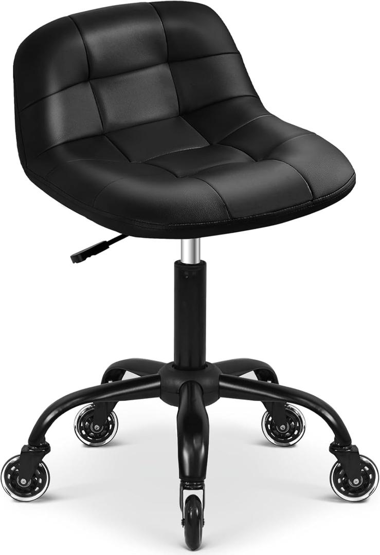 FreekyFit Rolling Shop Stool with Wheels, Rolling Stool with Back Support, 360° Swive Garage Chair, Height Adjustable Chair 330lb Heavy Duty for Spa Salon Massage Home Office Tattoo (Black)