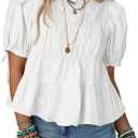 Tankaneo Women's Summer Babydoll Tops Cotton Puff Sleeve T-Shirts Smocked Peplum Blouse Casual Loose Fit Tops Large, White