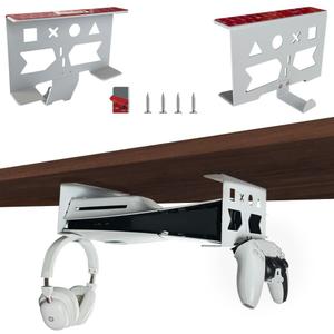 Aluminum Under Desk Mount for PS5/PS5 Slim/ PS5 Pro Digital & Disc, Securing Under Desk Bracket with Detachable Controller & Headphone Holder Kit No Drill (White)