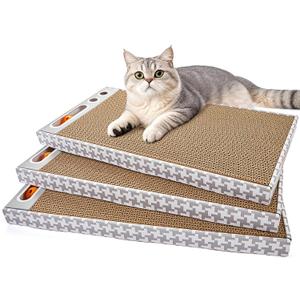 Cat Scratching Board 3 Pack  Reversible Cardboard Scratcher for Indoor Cats, Wide Boxed Scratch Pads with Bell Ball, Durable Corrugated scratchers as Furniture Protector