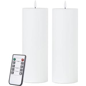 White Flameless Candles Set of 2 (3x9 inch) Flickering LED Wax Candles Battery Operated with Remote Control Timers for Fall Decor/Night Light/Fireplace/Party Dimmable Pillars Flat top