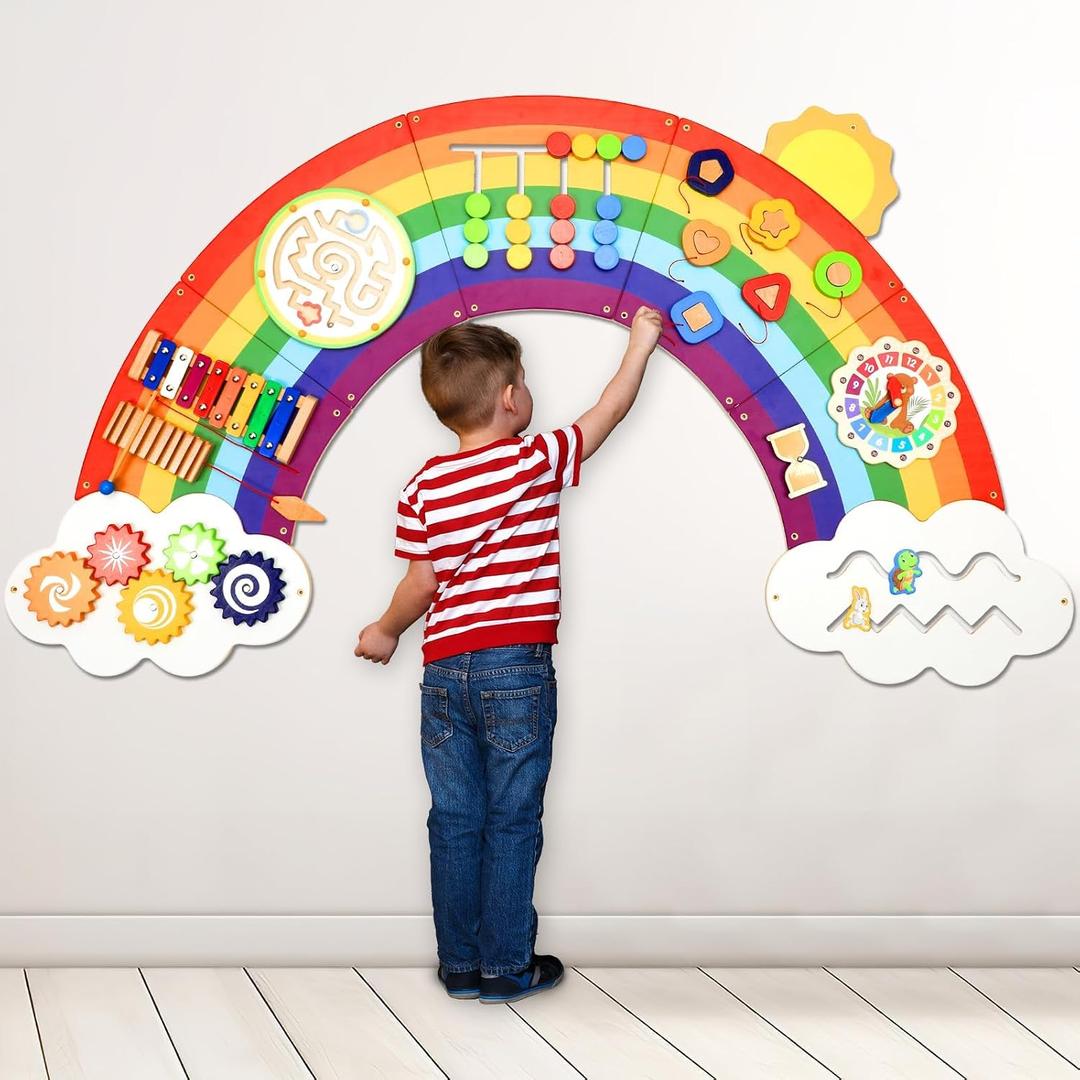 5FT Large Sunshine Rainbow Wooden Activity Wall Panel Christmas Gift Educational Montessori Toy for Toddler Kids Interactive Sensory Activity Busy Board Daycare Learning Center Toddler Room Decor, 5FT x 150cm