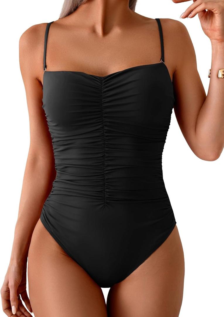 One Piece Swimsuit for Women Ruched Tummy Control Bathing Suit Push Up Slimming Swimwear (Medium, Black)