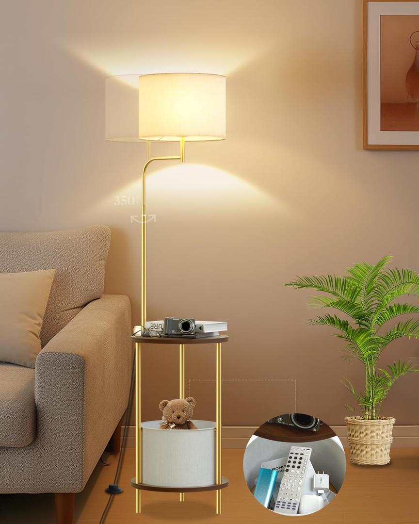 Lightdot 57IN Floor Lamp with Shelves, Mid Century Modern Standing Lamps with Bulb and Storage Bag Included, Gold Pole End Table with Linen Lampshade for Living Room, Bedroom, Office
