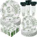 Sage Green Disposable Tableware Set Greenery Floral Paper Plates Napkins Sage Serve Scalloped Plates Paper Napkins Cups Plastic Spoons Forks Knives for Wedding Tea Party Baby Shower